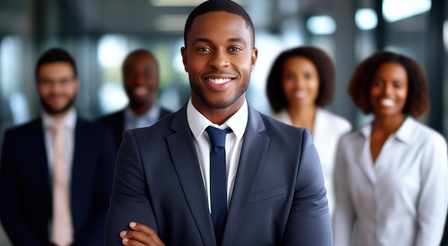 business, people and office concept – smiling african american businessman with crossed arms over office background, African American Businessman Boss With Group Of, AI Generated